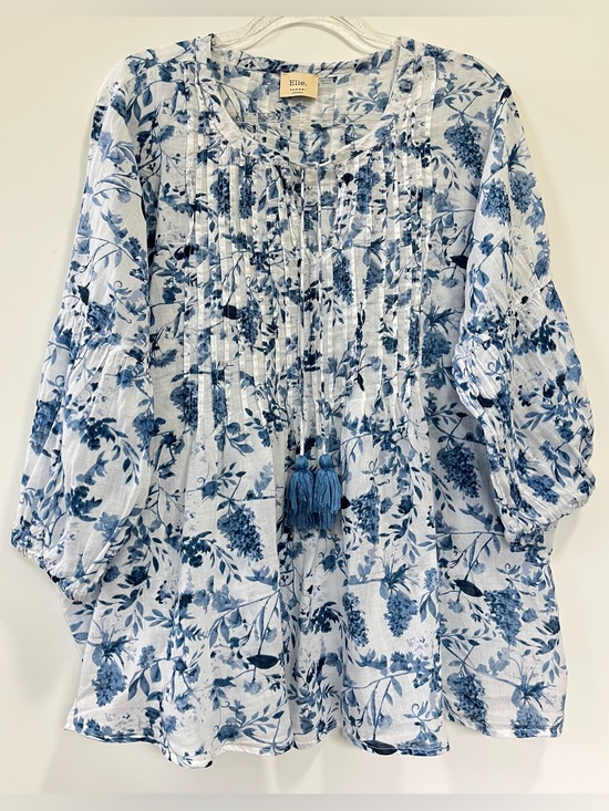 Elie Tahari Tops - Elie Tahari  Blue Floral Pintuck Tassel Top 100% Cotton.
Relaxed Peasant Sze 3XL